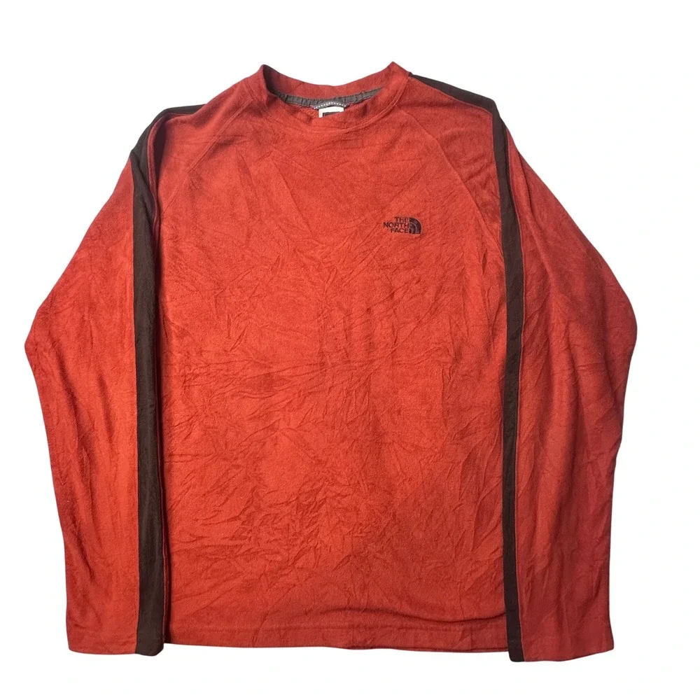The North Face Fleece Pullover Mens M Orange ATJ1 Racing Stripe Long Sleeve Crew